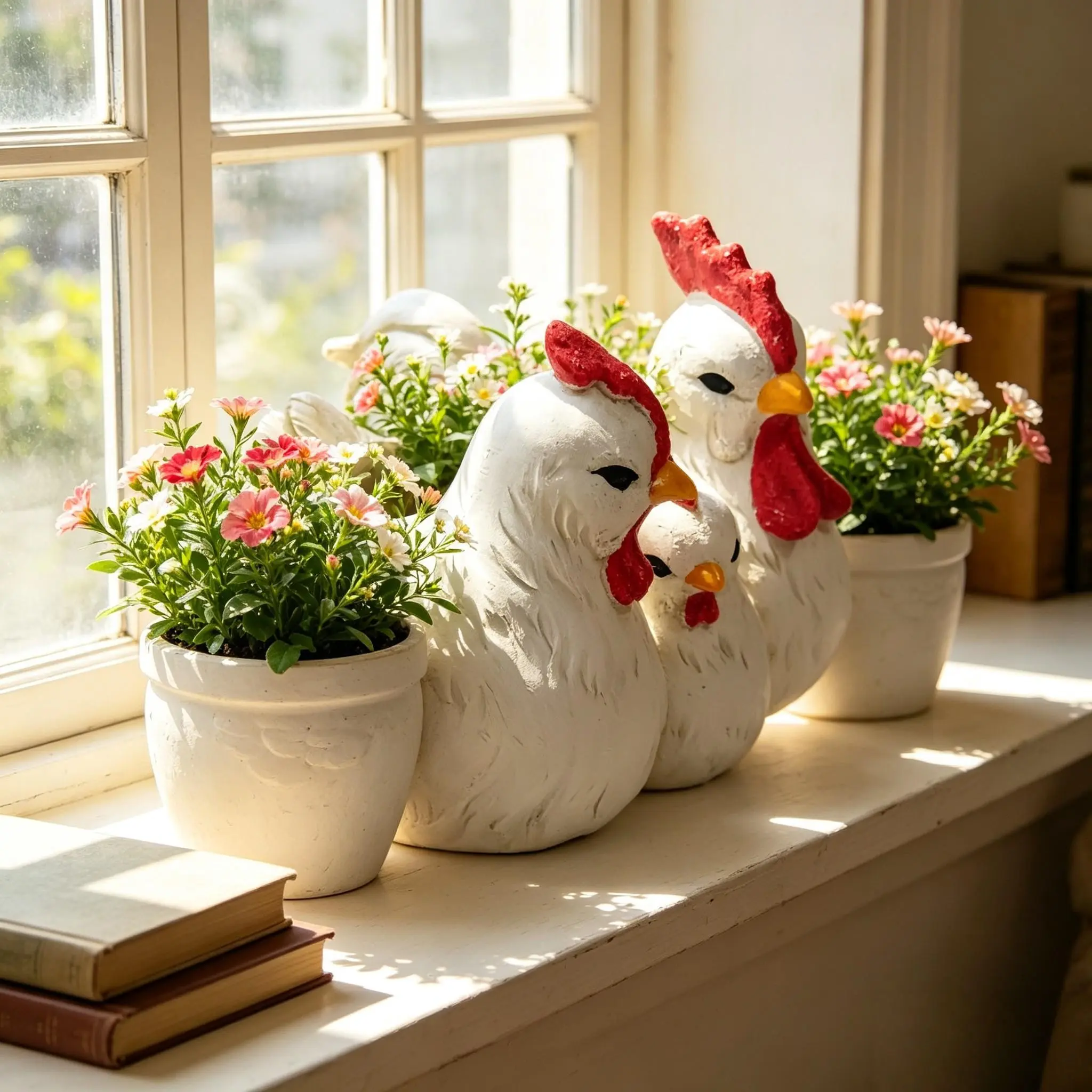 Resin Chicken Family Statue Planter, Home Garden Farm Decor Animal Sculpture, Indoor Ornament Pot, Succulent Plant Holder, Resin Sculptures