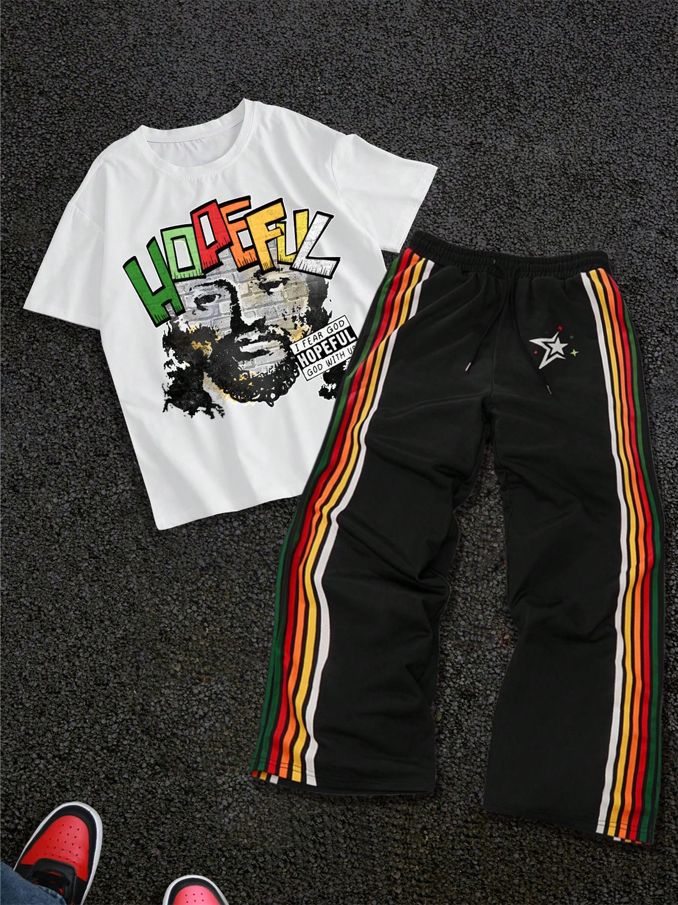 Men's Letter Print Short Sleeve Graphic Tee & Side Stripe Drawstring Waist Pants Two-piece Set, Regular Fit Round Neck T-shirt & Pocket Trousers, Casual Fashion Cozy Breathable Men Outfits for Spring & Fall