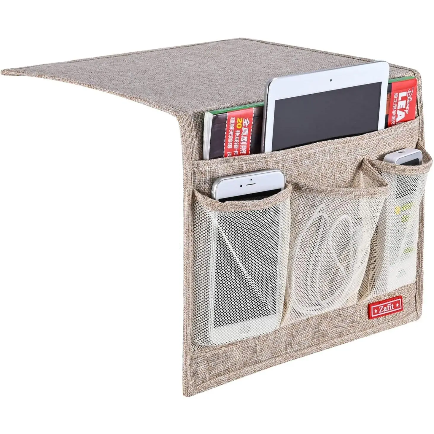 Linen 4 Pockets Bedside Caddy Bedside Storage Organizer for Magazine Remotes Phone Beige Classic 4 Pockets