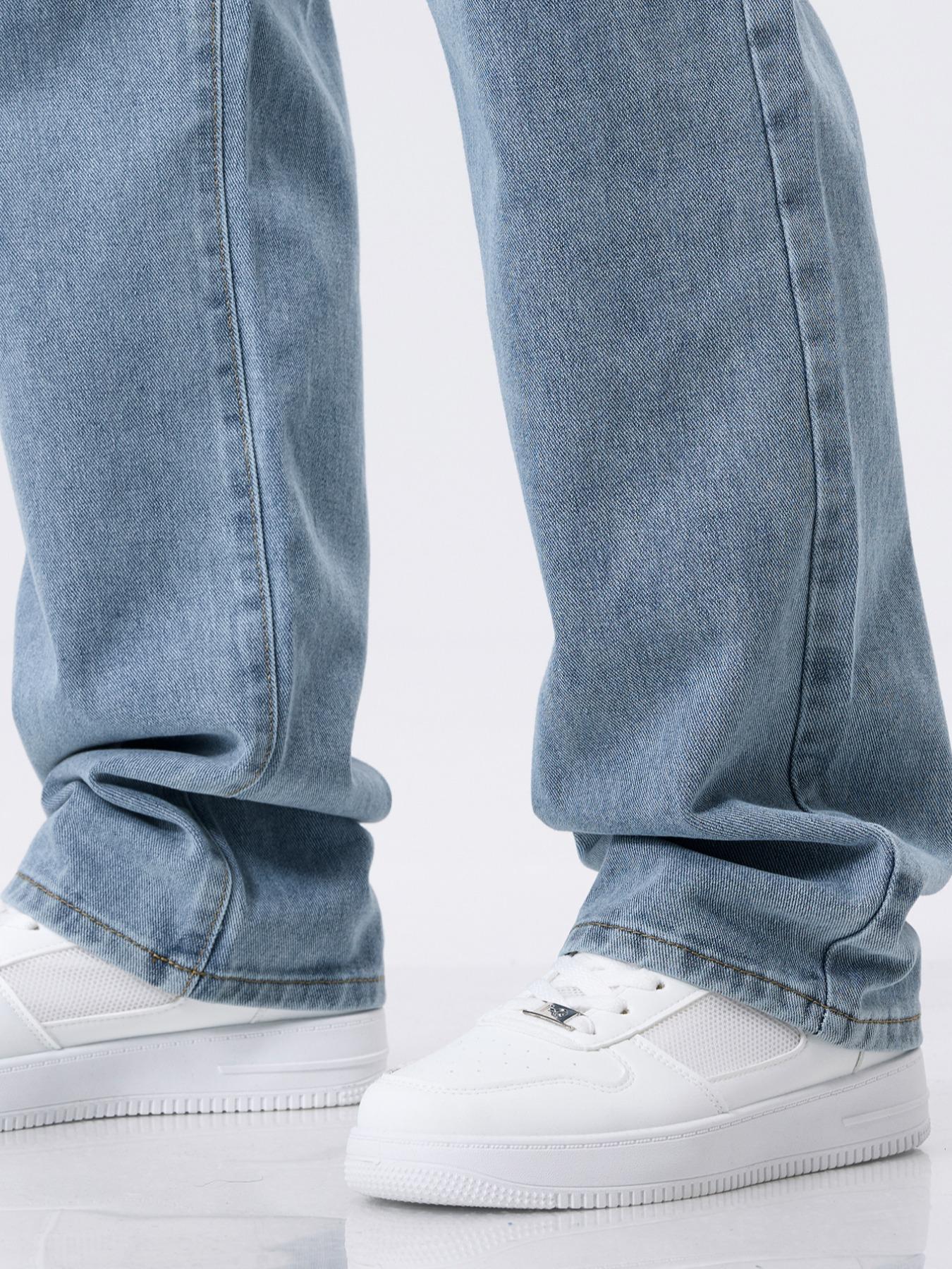 Men's Drawstring Elastic Waist Jeans, Washed Vintage Straight Leg Plain Denim Jeans, Comfortable Fitted Style, Casual Daily Wear Men's Drawstring Elastic Waist Jeans, Washed Vintage Straight Leg Plain Denim Jeans, Comfortable Fitted Style, Casual Daily Wear