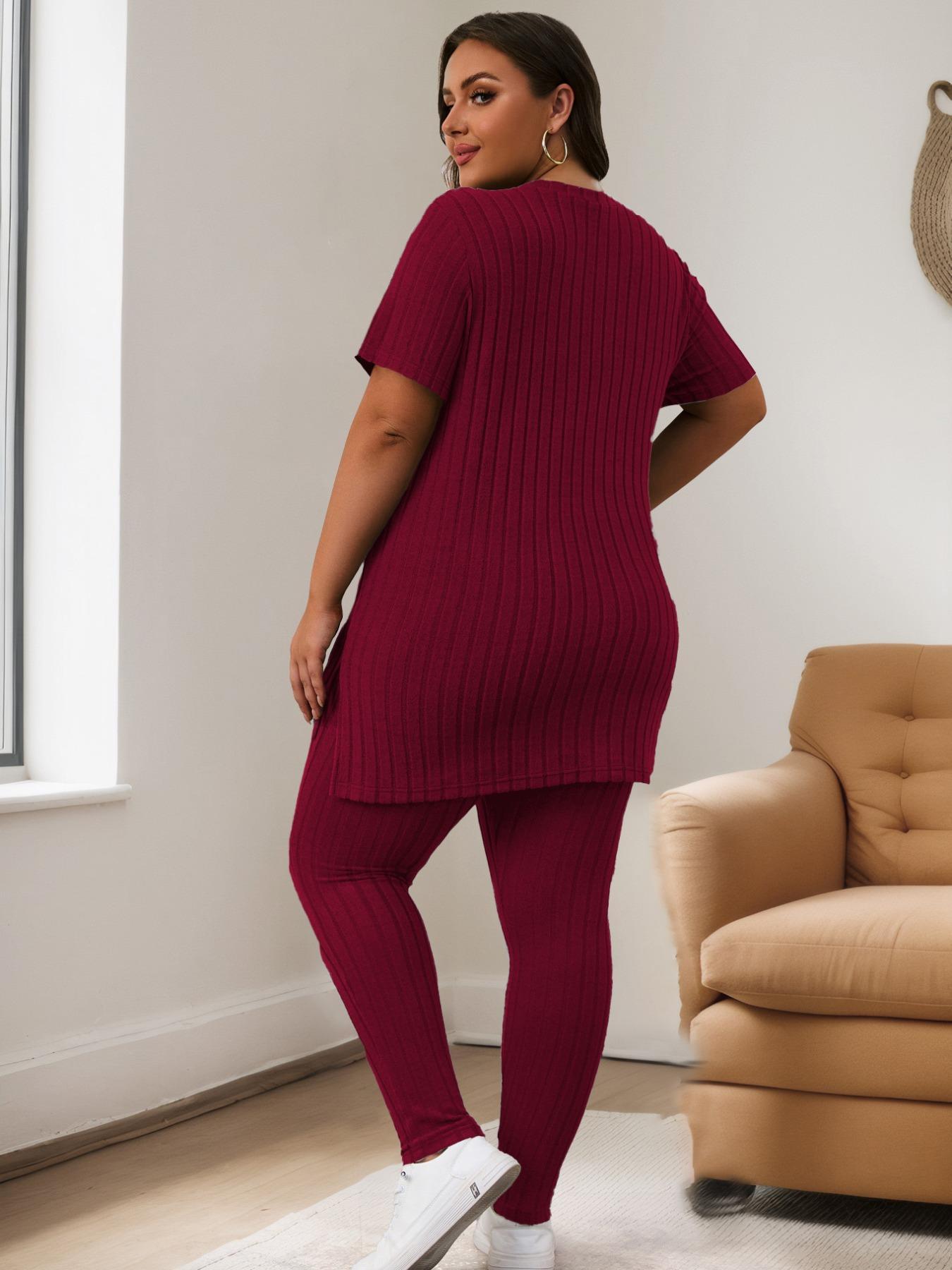 [Plus Size] Solid Color Ribbed Tee & Elastic Waist Pants Set, Casual Fashion Cozy Two-piece Outfits for Daily Outdoor Wear, Loungewear, Women Clothing for Summer, Womenswear