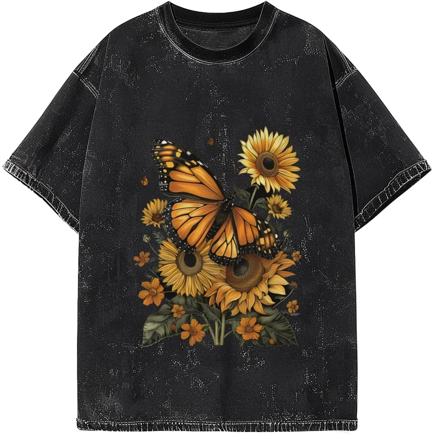 Vintage Wash Butterfly Graphic Tee Acid Wash Aesthetic Premium Cotton Tshirt Sunflower Floral T Shirt Women Short Sleeve Crewneck Top Fun Gift Men Loose Casual Top Oversized Summer Outfit