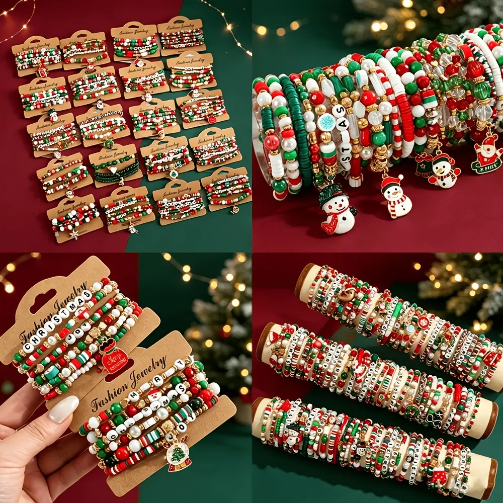 Women's Merry Christmas Elastic Bracelet Set - 10/20/30Pcs Polymer Clay Beads, Santa/Reindeer/Snowman Festive Charm Jewelry, Elastic Fit, Party Wear & Casual Xmas Winter Gift, Christmas Motifs