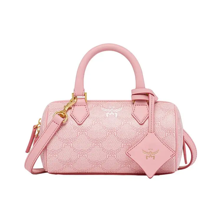 MCM Ella Monogram-Print Boston Bag for Women – Detachable Adjustable Strap, Genuine Leather, Mini Crossbody Handbag in Sakura Pink