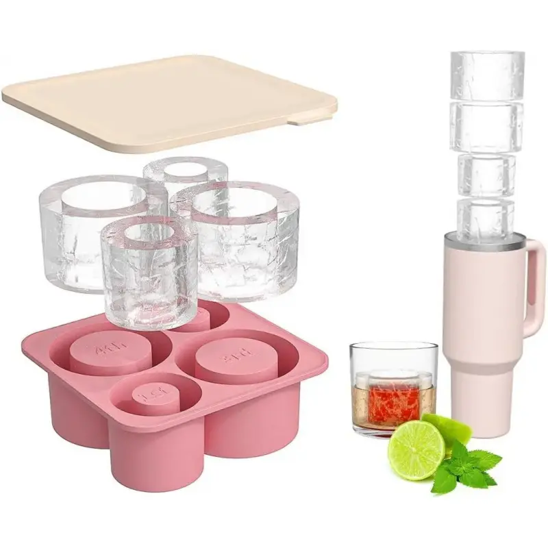 Silicone Ice Cube Tray with Lid Large Ice Cube Mold for 20 30 40 oz Tumbler Cups 4 Cavity Hollow Ice Maker Easy Release Reusable Ice Tray for Cocktails Whiskey Iced Coffee Cold Drinks Slow Melting Ice for Home Bar Summer Use Ice Molds