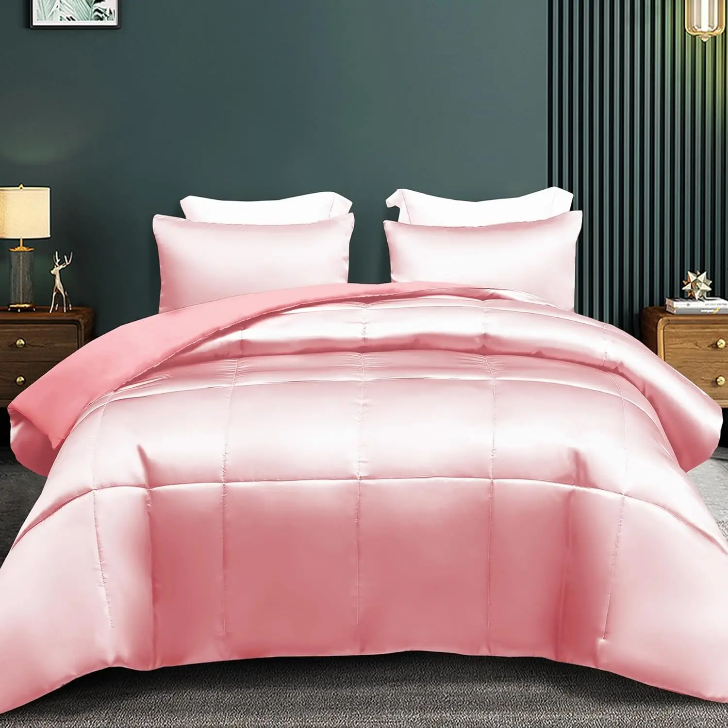 Men's Silk Satin 3-Piece 2-Sided Soft Touch Bedding Set - Queen Size Luxury Look Comforter, Smooth Finish Lightweight All-Season Duvet, 2 Pillowcases (Pink), All Seasons