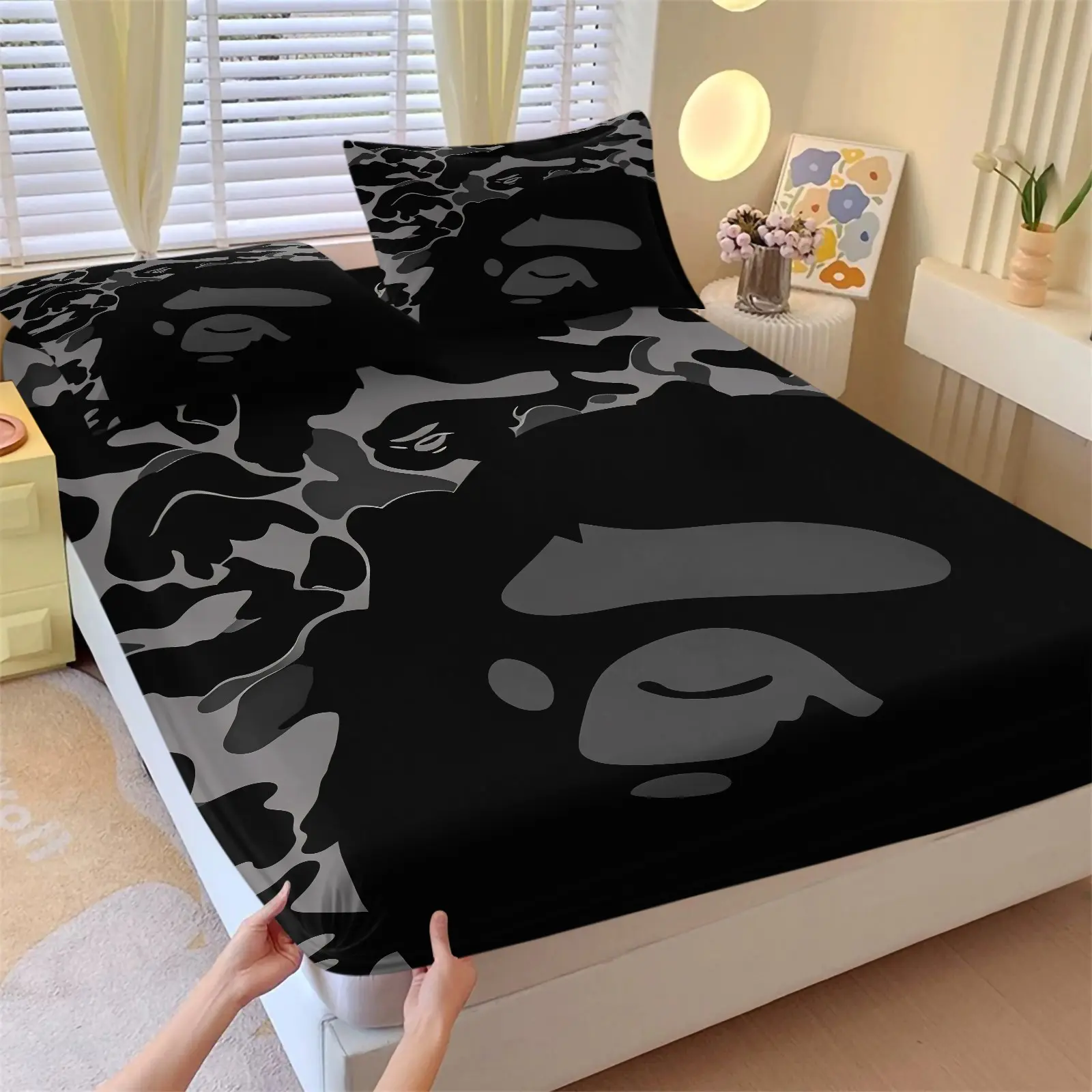 Ape Black‑Gray Camo Big Ape‑Head Fitted Sheet Set & 2 Pillowcases, Ape Head Dark Pattern Camo & Grey Ape Print Bedding, Cool Bedding Set, Soft Non-Slip Deep Pockets, Street Style Teens Bedroom Dorm Gaming Room Decor