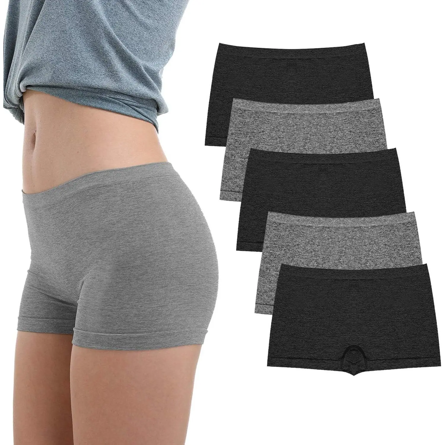 Women's 5-Pack Seamless Boy Shorts Panties - Pull-On, Minimalist Solid Full Coverage Stretch Boxer Underwear, Soft Polyester-Elastane Blend, Flexible Breathable Multi-Size for Everyday Wear, Breathable Knicker, Fitted Knicker, Workout, Seamless Fit