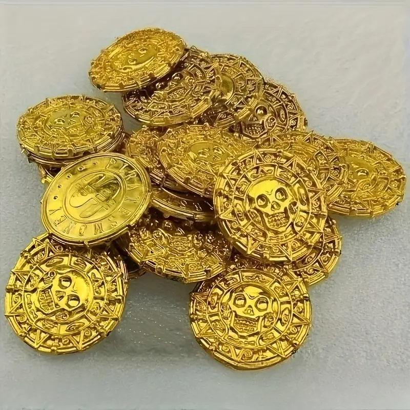 100pcs Golden Pirate Suitable for Treasure Hunt Parties, Roman & Pirate Themed Retro Skull & Crossbones Treasure Chest Decorations, Non-Toxic Plastic Suitable for Halloween, Pirate Party Favors, Treasure Hunt Activity Gifts