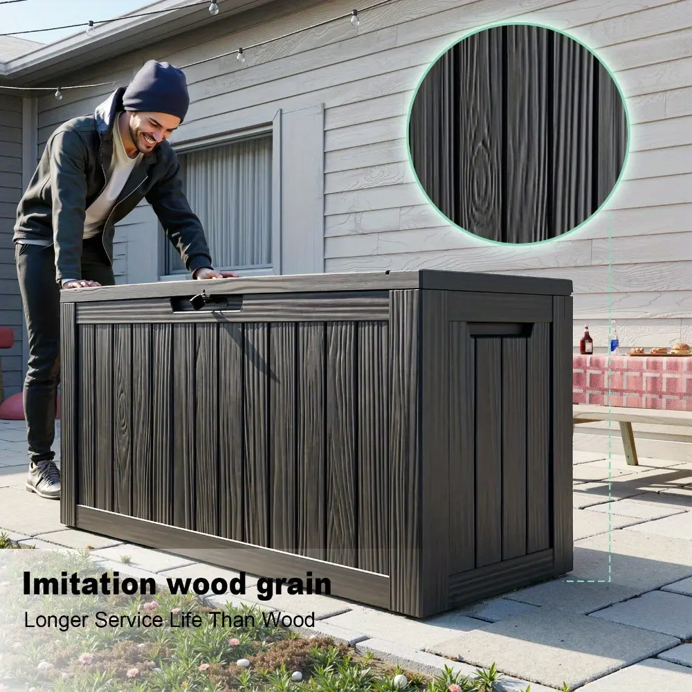 [Outdoor Storage Box] 82Gallon Deck Box Wood Grain Outdoor Storage Box, Resin Package Delivery And Storage Box With Lockable Lid For Patio Furniture Cushions, Pool Accessories, Garden Tools, Outdoor, Box, Cabinet, Rack For Outdoor Storage