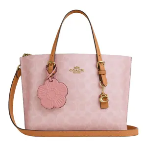 COACH Mollie 25 Tote Bag for Women – Valentine’s Limited Edition, Classic Monogram with Detachable Flower Charm, Faux Leather, Sakura Pink