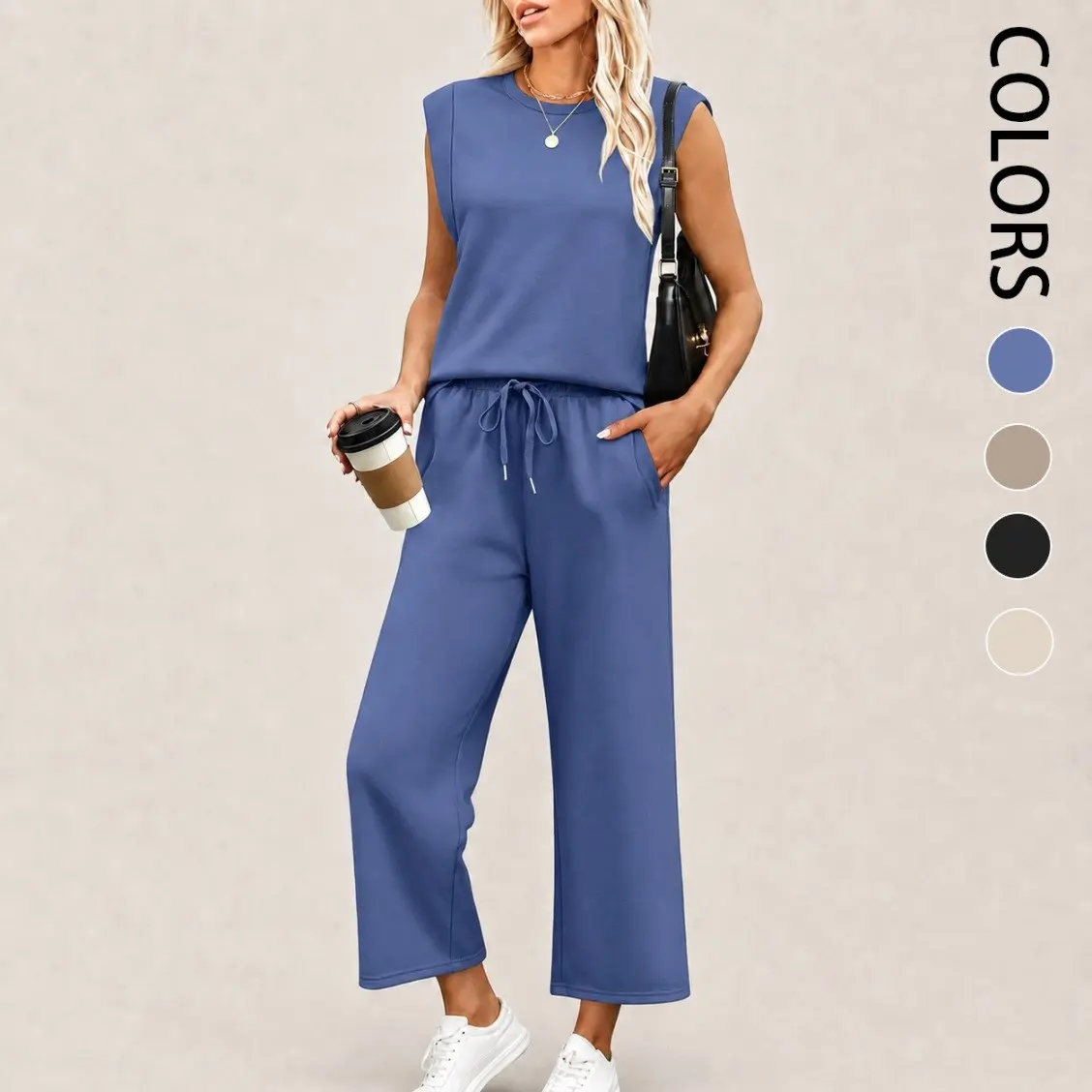 Women's Sleeveless Crew Neck Top And Wide Leg Pants Set, Casual Drawstring Two Piece Outfit With Pockets For Travel, Lounge, Daily Wear