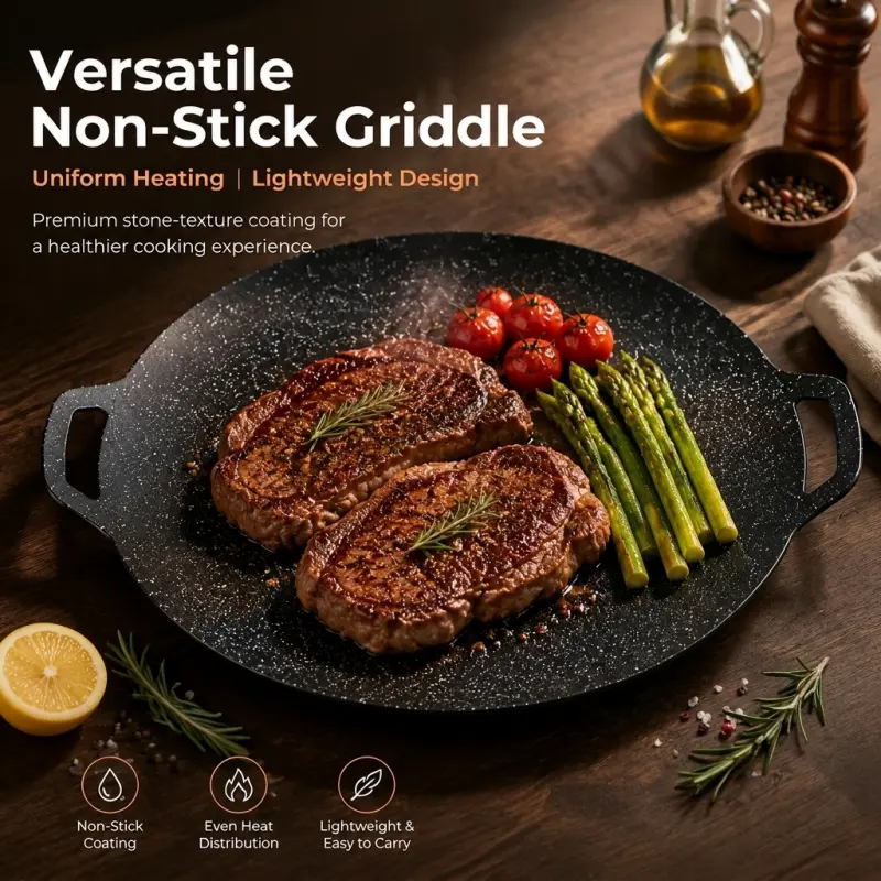 Versatile Non-Stick Griddle Pan with Stone Coating | Fast & Even Heating, Lightweight BBQ Plate for Steak, Veggies & Outdoor Cooking