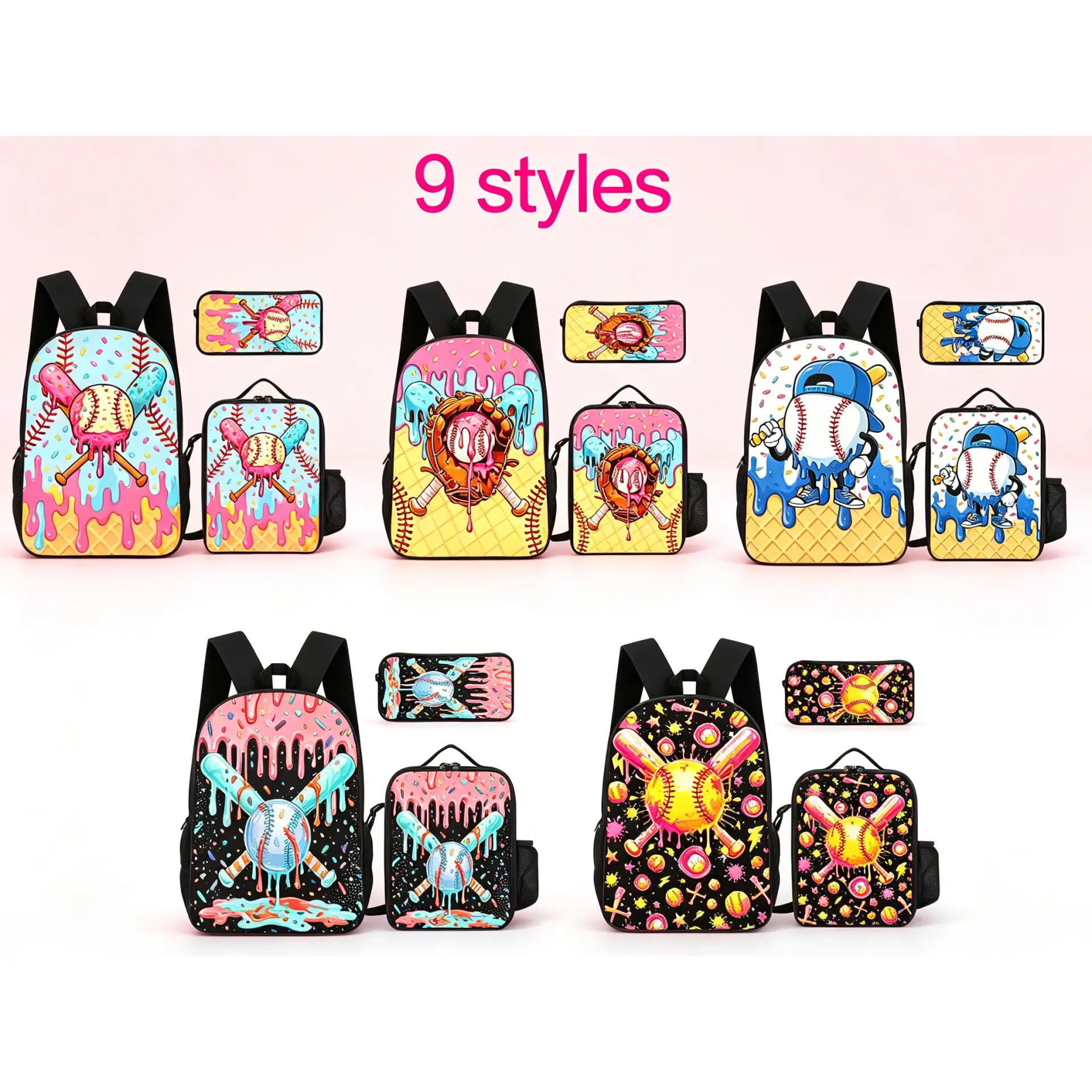 3-In-1 Cartoon Art Baseball Backpack Set - Cute Dripping Ice Cream Print, 9-Style School Bag with Lunch Box & Pencil Case, Back To School Sports Gift for Baseball Fans