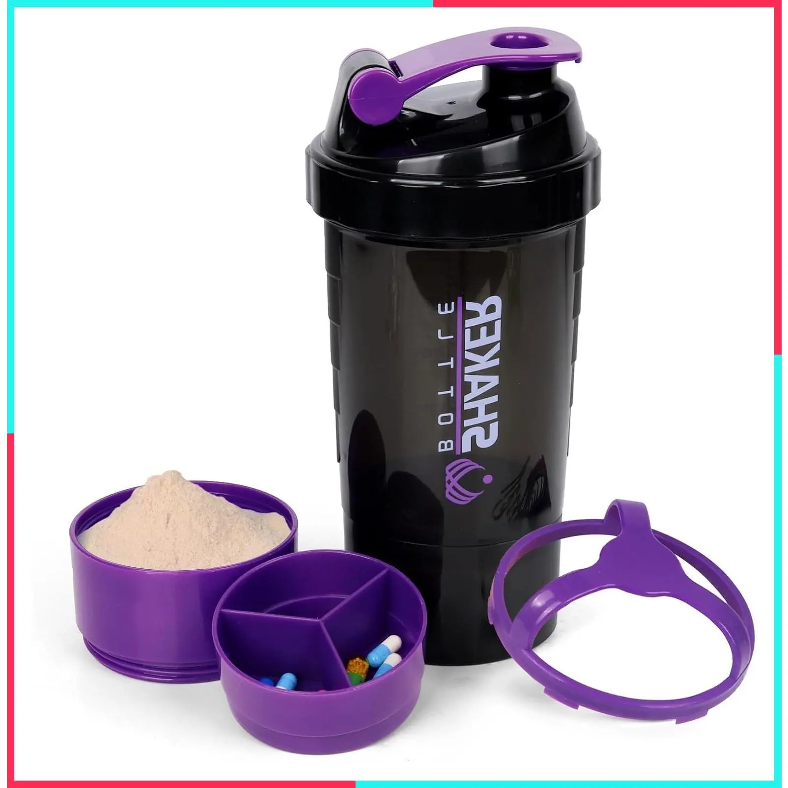 16OZ Protein Shaker Bottle with Storage and Mix Ball, Portable Sports Water Bottle with Pill Organizer, Leak Proof Shaker for Protein Mixes and Pre Workout, BPA Free (Purple)