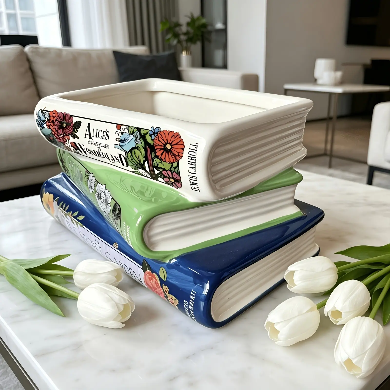 Three-Layer Irregular Ceramic Book-Shaped Vase with Drain Hole, Vintage Literary Design, Modern Art Floral Container, Ideal Gift for Book Lovers, Decorative Vase