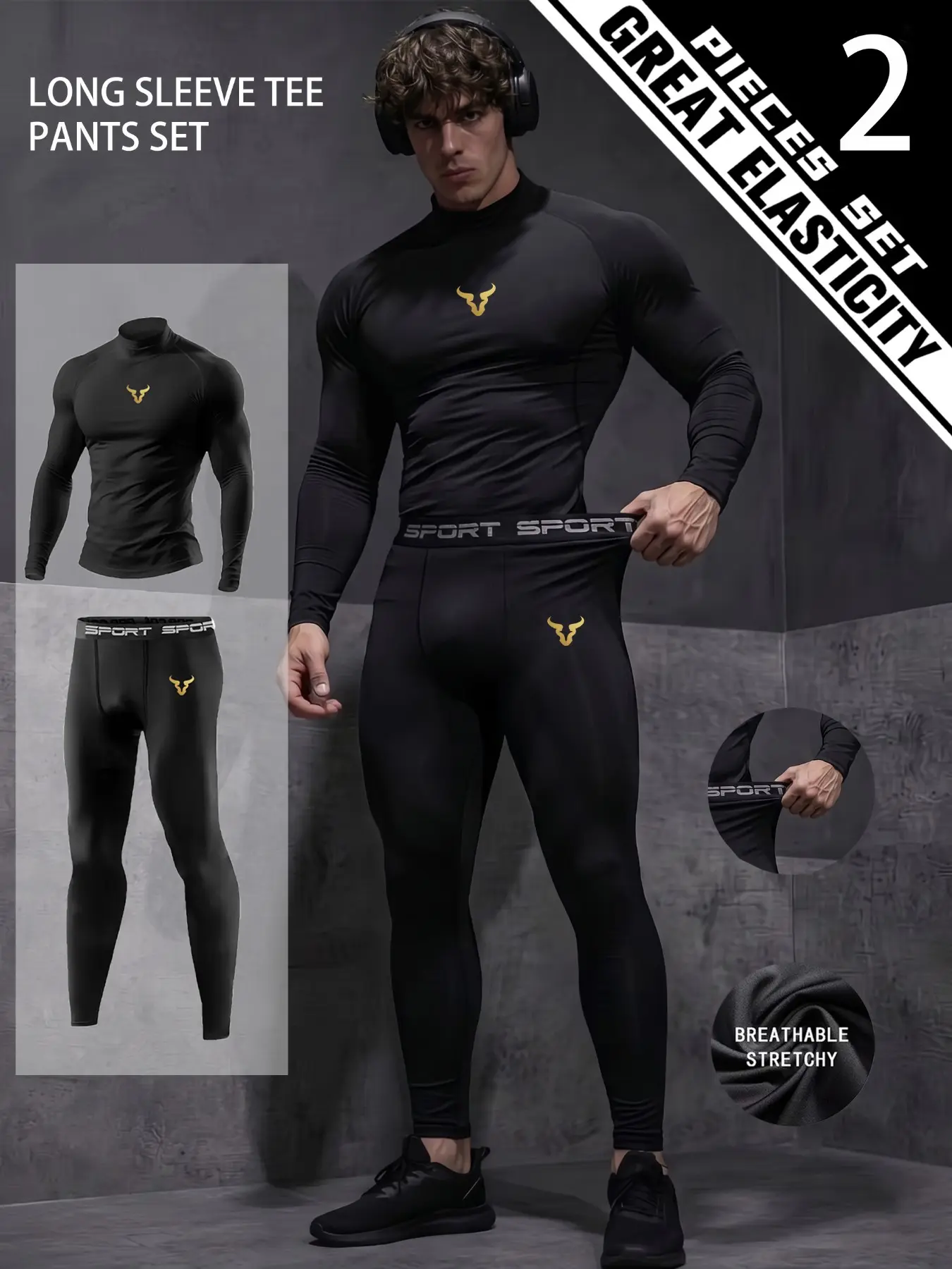 2 Piece Men Compression Workout Sets Turtleneck Long Sleeve Shirts Tight Leggings Gold Bull Head Print Breathable High Stretchy Autumn Winter Running Cycling Training Outdoor Gym Performance Athletic Sportswear Workout Outfits Matching Workout Clothes