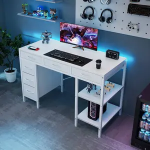 Multi Storage Computer Desk Featuring 6 Drawers and Open Storage Shelves, Multipurpose Writing Gaming Workstation Suitable for Bedroom Study Corner Home Office Living Room