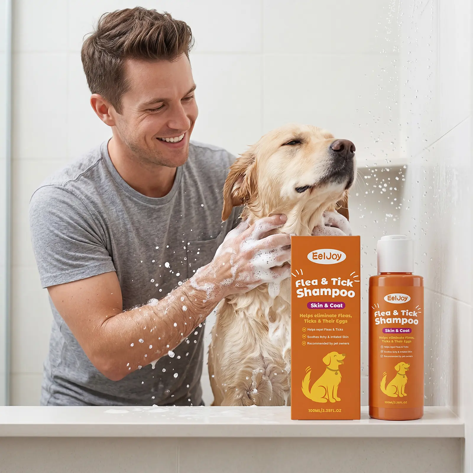 EelJoy Flea and Tick Shampoo with Decyl Glucoside - Gently Cleans, Enables Odor Removal, Delivers Hair Smoothing, Creates Fluffy Pet Hair, Ideal for Daily Portable Dog & Cat Care