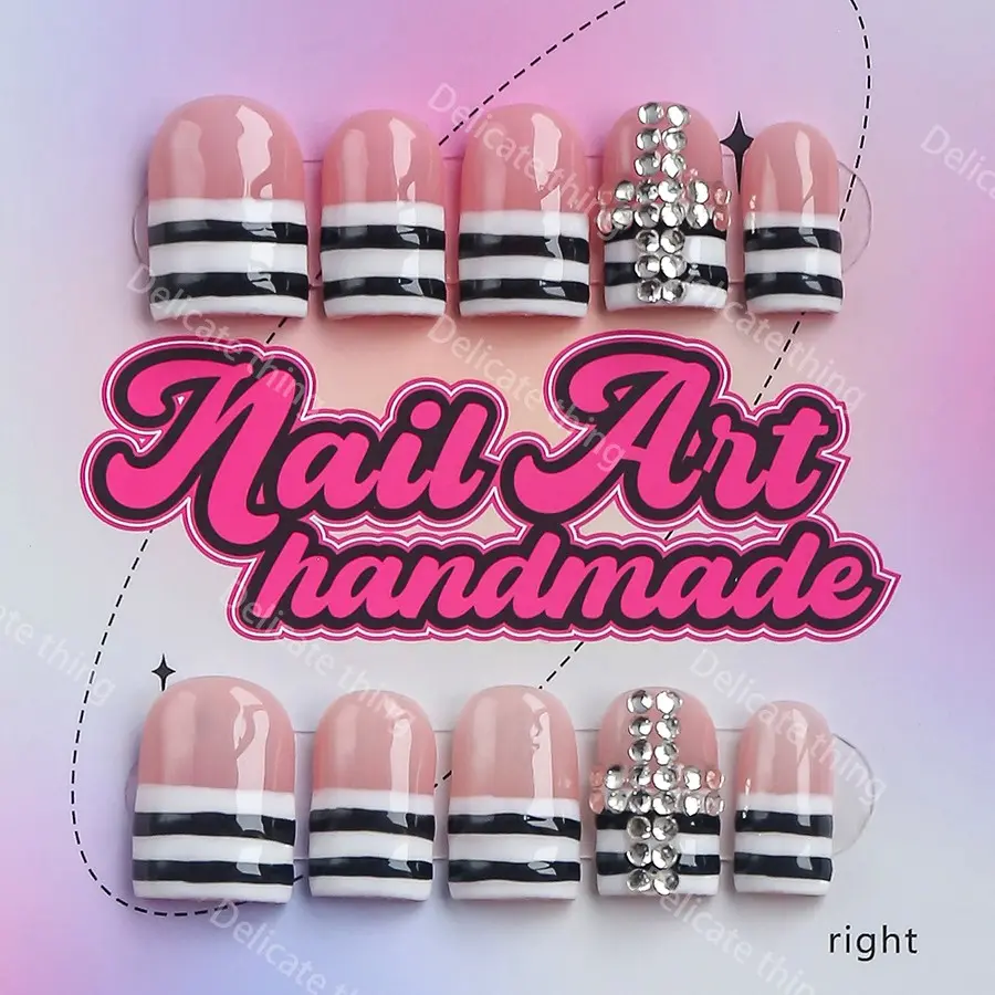 Y2K Style Press-On Nails, 10pcs Handmade Artificial Nails, Nail Art Supplies, XS-S-M-L Sizes, Perfect for Parties, Includes Jelly Glue, Crystal Stick, File
