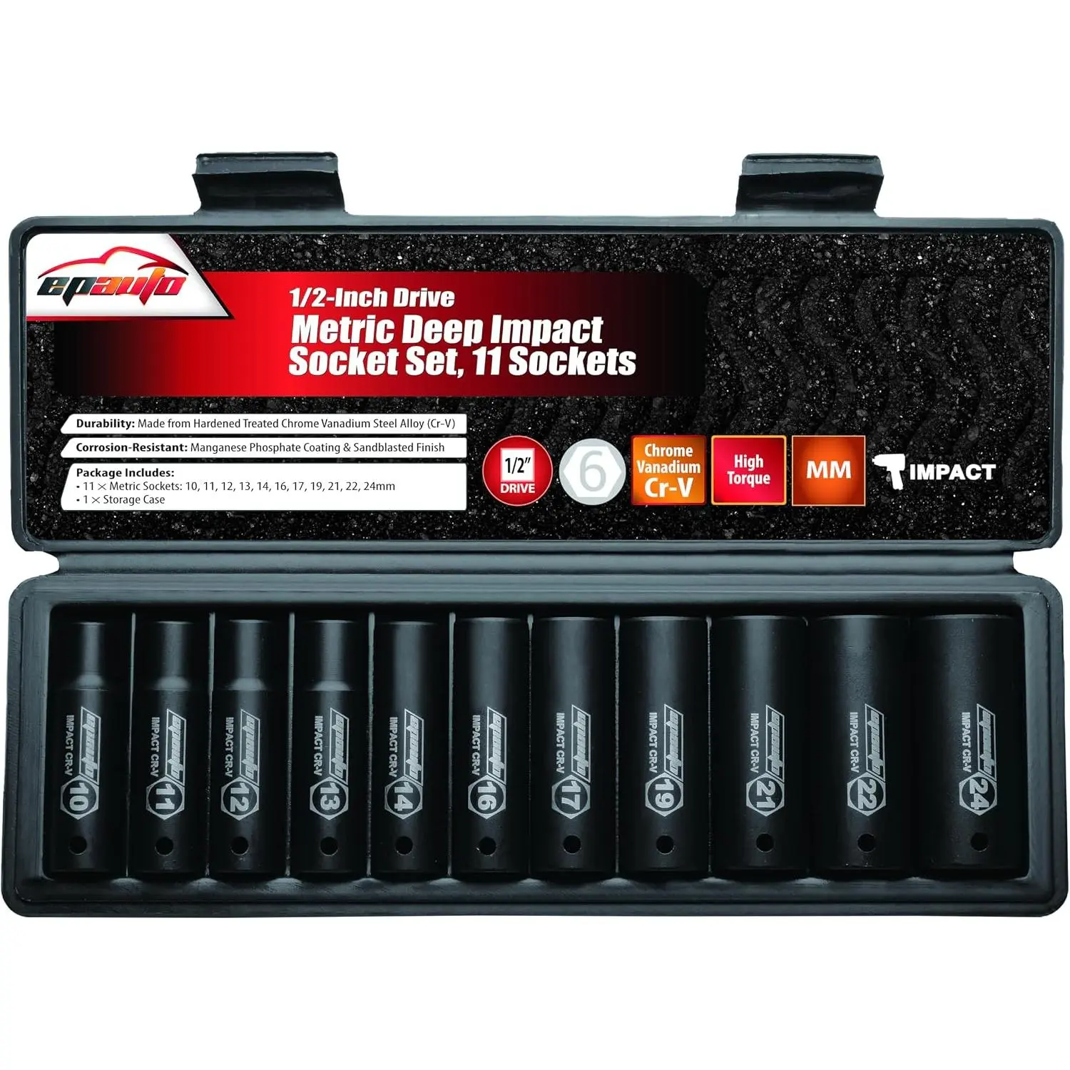 1/2-Inch Drive Metric Deep  Socket Set, 6 Points, 11 Sockets | 1/2-Inch Cr-V, 6 Points, 11 Sockets