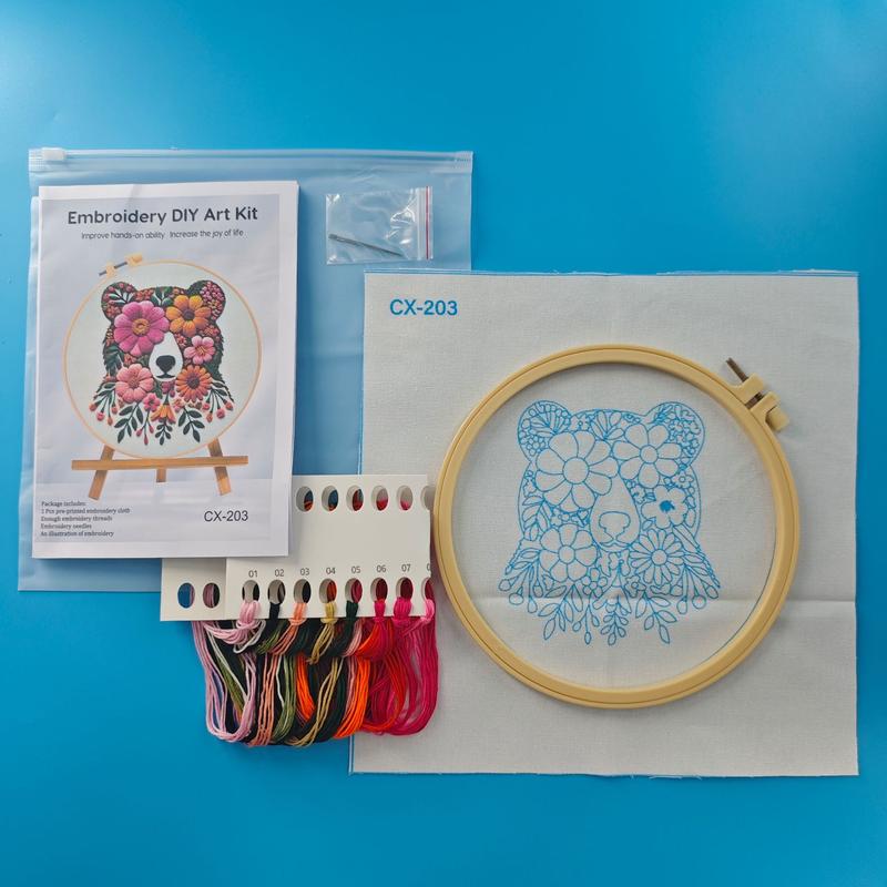 Bear Flower Embroidery Kit – DIY Needlework Craft Set with English Guide Beginner-Friendly Floral Stitching Project Ideal for Relaxing Crafts & Unique Home Decor