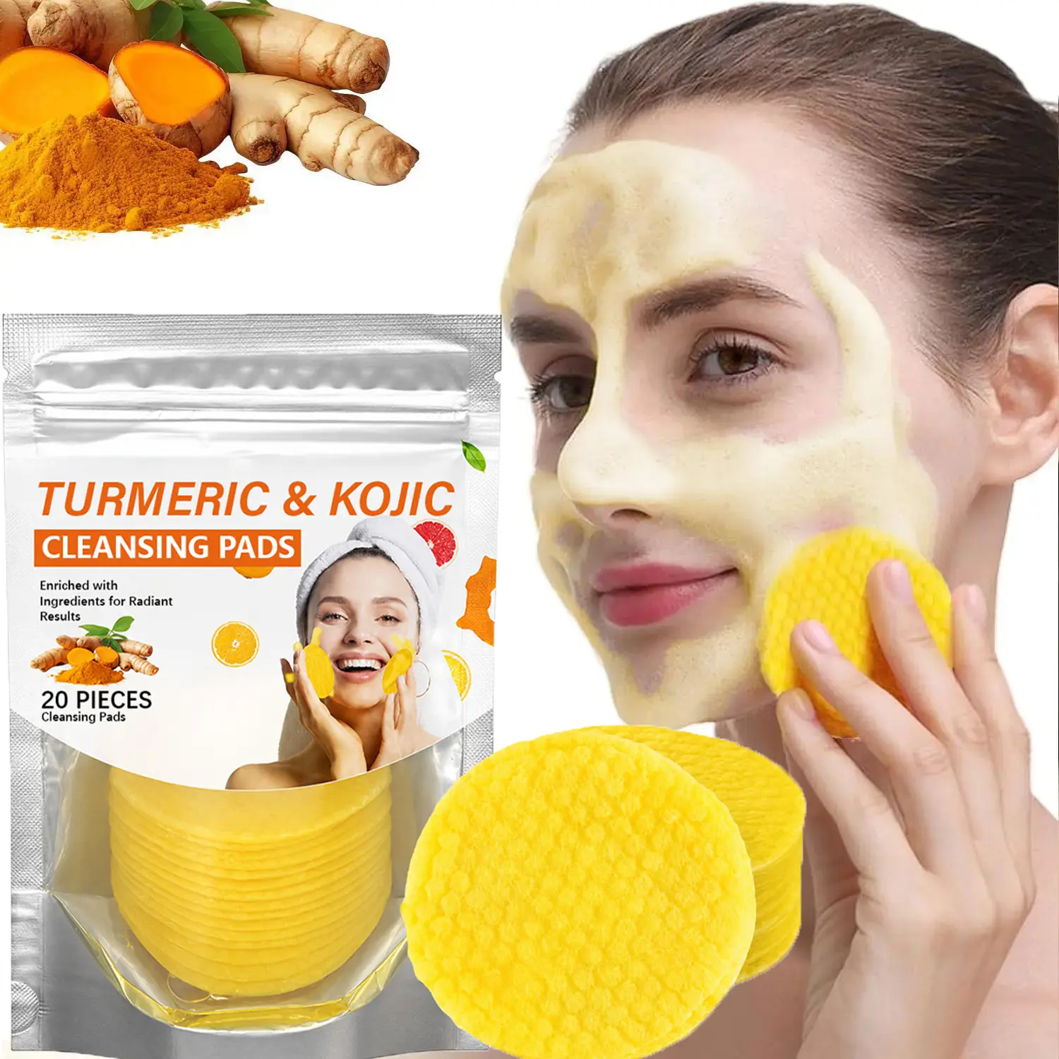 Turmeric & Kojic Acid Cleansing Pads - 20pcs Normal Skin Gentle Facial Cleanser Pads, Deep Clean, Soft Texture, Multi-Pack Skincare for Comfortable Use