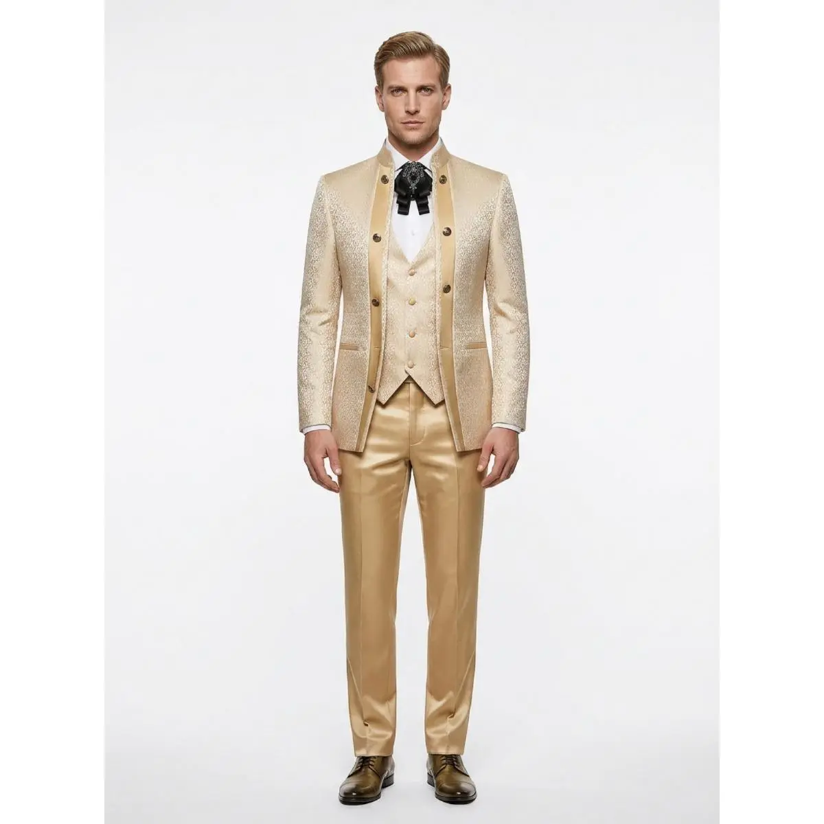 Men's Premium 3-Piece Formal Suit, Mandarin Collar Long Sleeve Blazer, Tailored Fit Vest & Pants, Metal Button Detail, Menswear for Outdoor Events with Tie