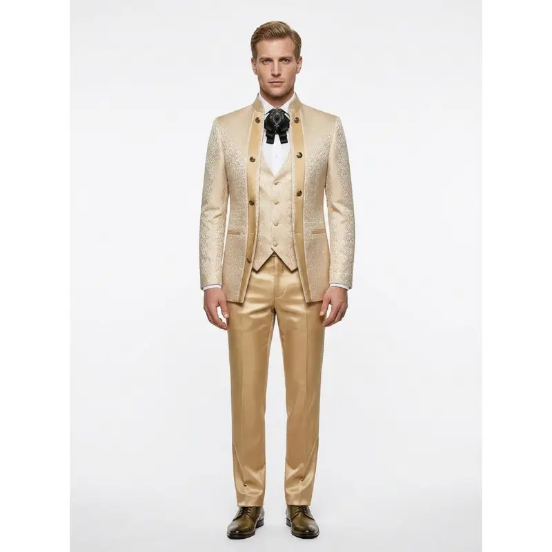 Men's Premium 3-Piece Fitted Formal Suit & Tuxedo - Mandarin Collar Long Sleeve Textured Fabric Blazer, Tailored Vest, Pants, Metal Buttons, Dark Green Print, Tie Included for Wedding, Graduation Events