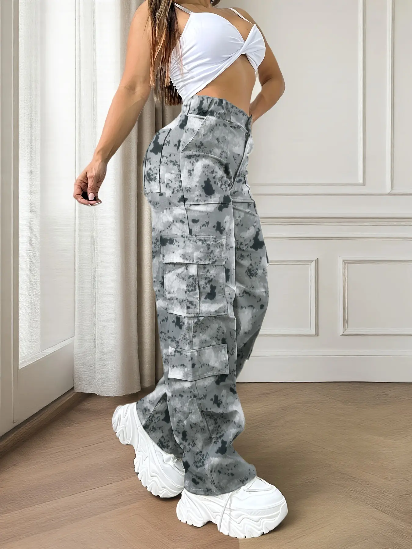 Y2K Print Street Style Casual Commuter Multi-Pocket Women's Workwear Casual Loose Pants, Long Pants for Everyday Wear, Casual Fashion Bottoms, Trendy and Functional