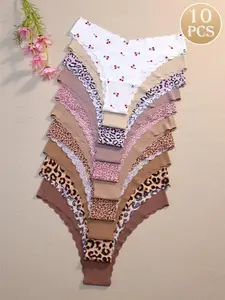 Women's Seamless Scallop Trim Design Leopard Panties, Comfortable Breathable Antibacterial Underwear, Casual Style Briefs