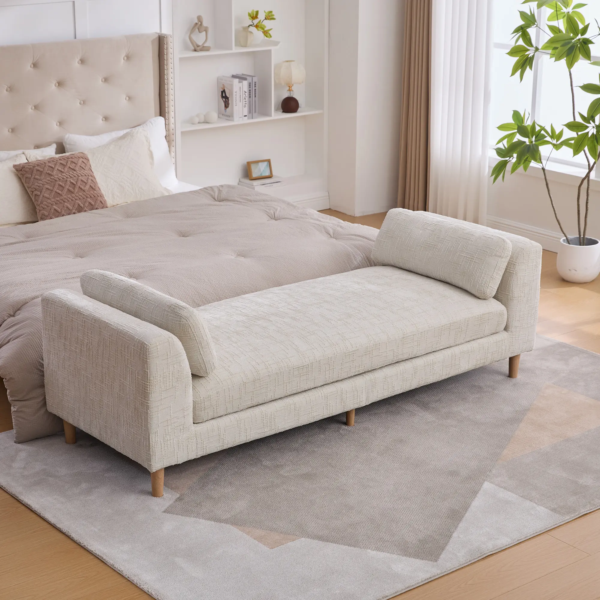 ARCH 83.1" Wide Modern Upholstered Daybed with Arms, Chenille Chaise Lounge Bench, 2 Bolster Pillows, Rubberwood Legs, Polyester, Beige, for Living Room, Bedroom, Bolsters