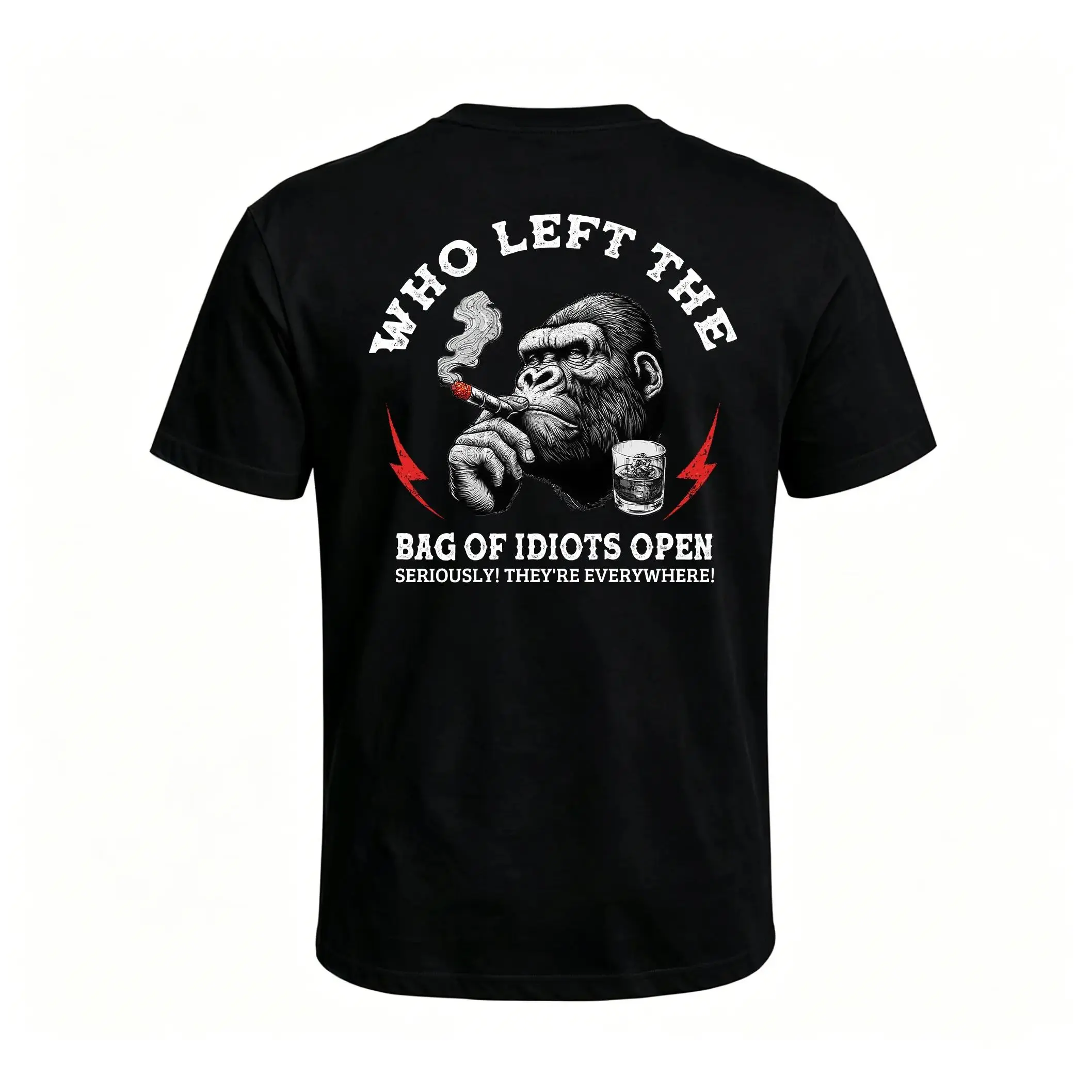 Unisex Cotton Round Neck Short Sleeve Graphic Print T-Shirt - Vintage Gorilla With Cigar & Whiskey Glass, Retro Lightning Slogan, Dark Humor, Sporty Chic Loose Streetwear Top For Daily Casual Outfits, Shortsleeve, Cold Wash