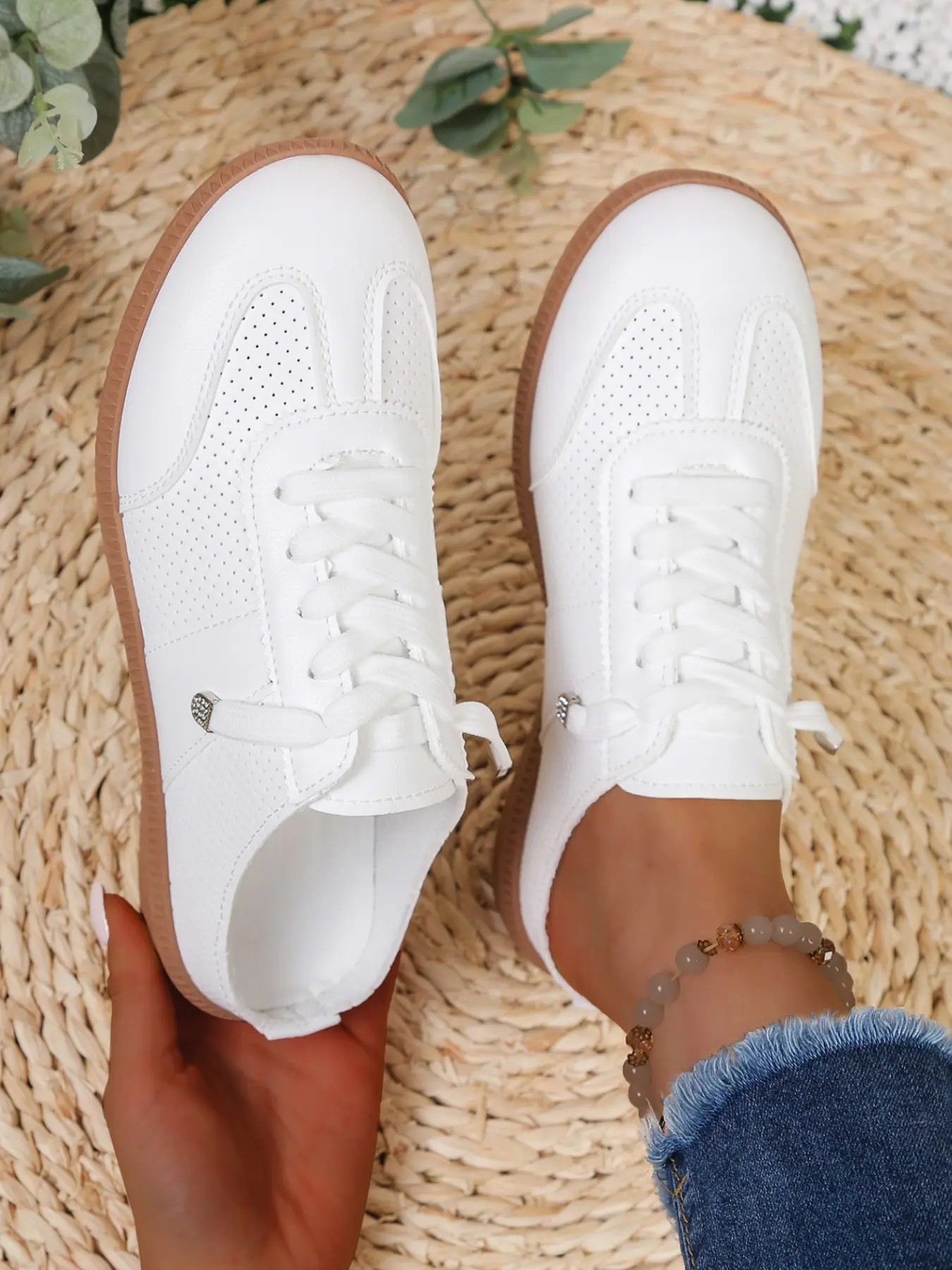Perforated Slip-On Sneakers for Women, No Heel Lazy Mueller Shoes, Laces, Rubber Sole, Casual All-Season Footwear