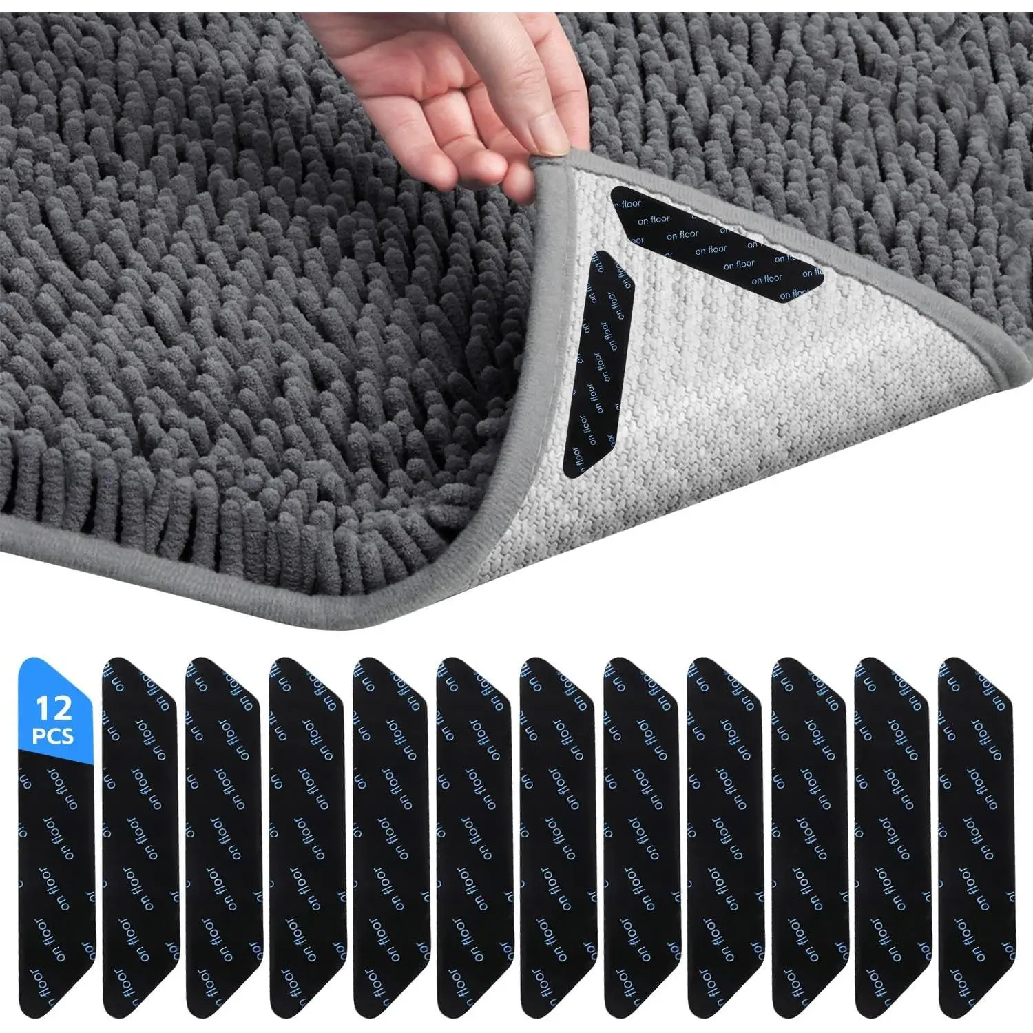 12 count Rug Gripper, Non-Slip Carpet Tape Trapezoid 25x130mm,  Anti-Curling Rug Pads for Hardwood & Tile Floors,  Adhesive PU Material, 1.2mm Thick (12 Pcs)