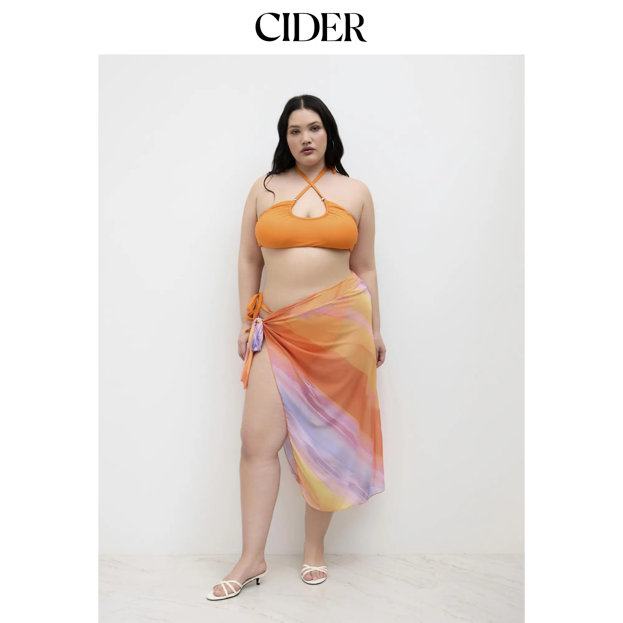 Cider Halter Neckline Beaded Criss Cross Tie Side Bikini Set With Gradient Cover Up Skirt Curve & Plus