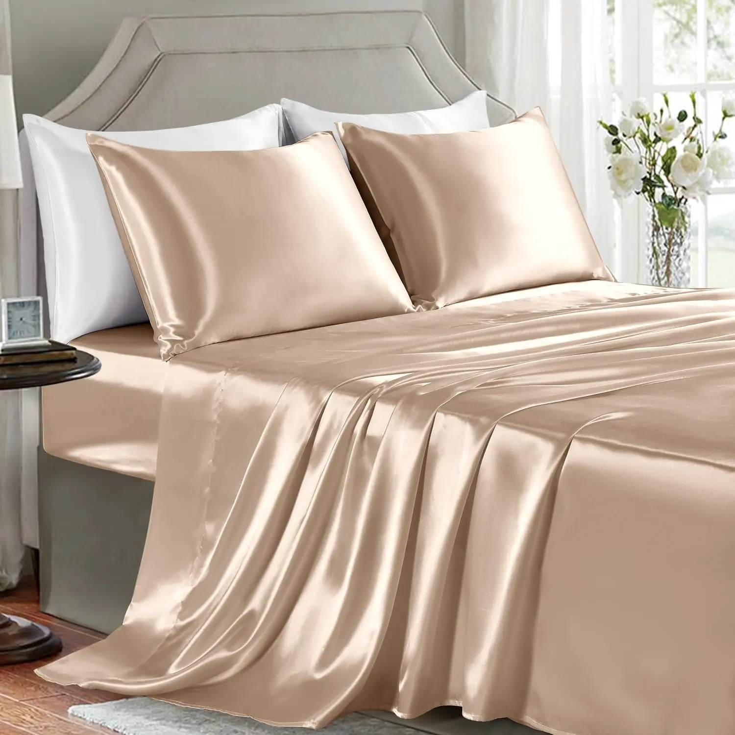 Sheets Full Size - 4 Pieces Luxury Soft Bed Sheets, Wrinkle-Free Champagne Silk Sheet Set with 1 Deep Fitted Sheet, 1 Flat Sheet, 2 Pillow