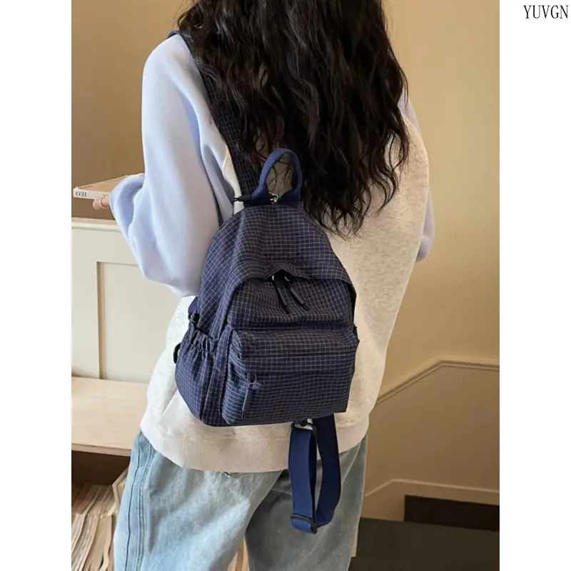 Unisex Navy Checkered Drawstring Backpack - 1-Size, Lightweight Compact, Adjustable Strap, Secure Easy Access Storage, Streetwear Sporty Chic Korean Trend, School Gym Daypack