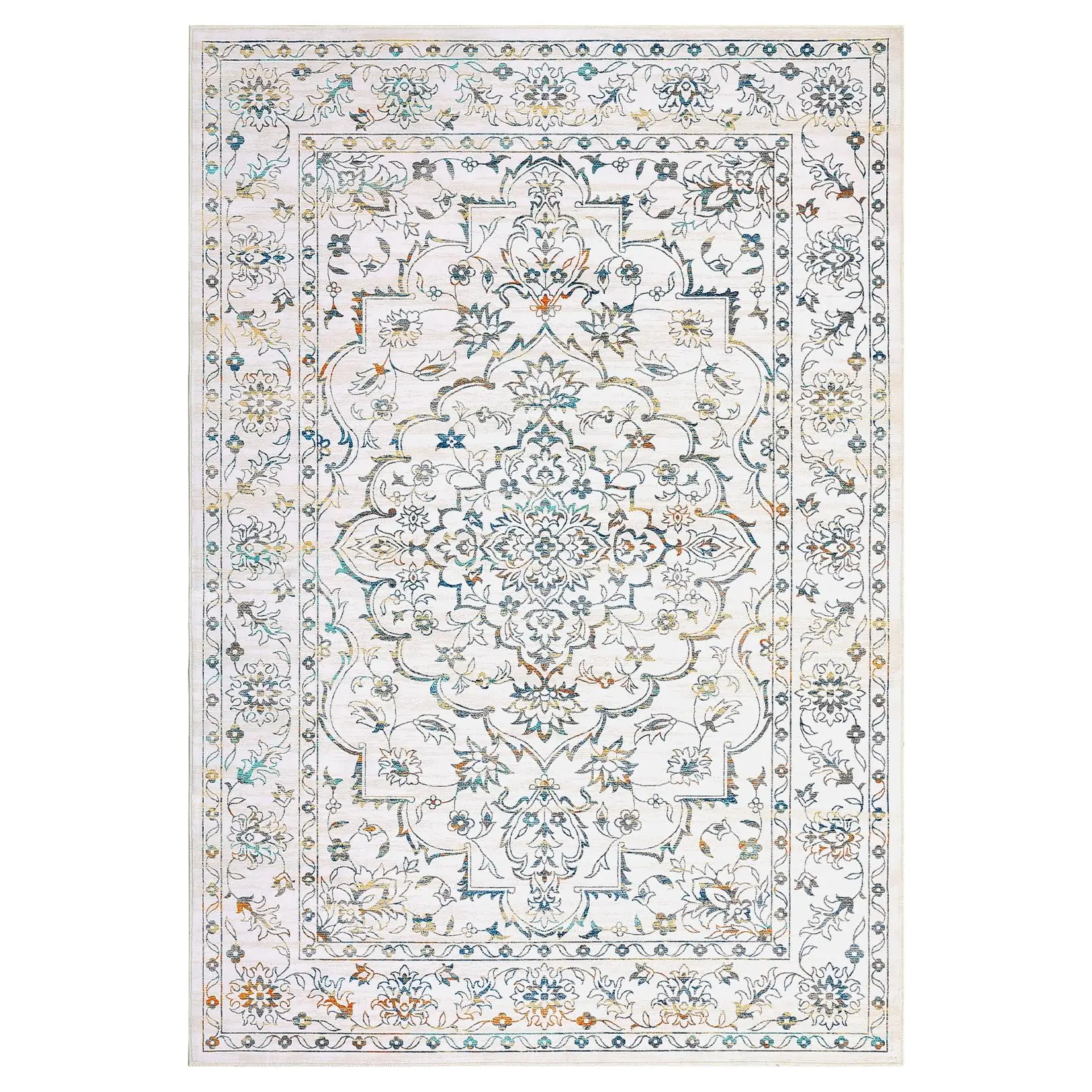 Vintage Washable Area Rug - Non-Slip Low Pile Carpet with Rubber Backing, Soft Distressed Medallion, Easy to Clean for Living Room, Bedroom, Kitchen