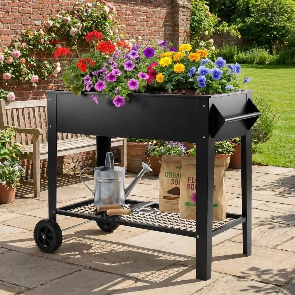 Gaomon Heavy-Duty Raised Garden Bed with Wheels - Steel Planter Box with Storage Shelf & Drainage - 400lbs Capacity - Rust-Resistant for Vegetables, Herbs - Ideal for Patio, Backyard