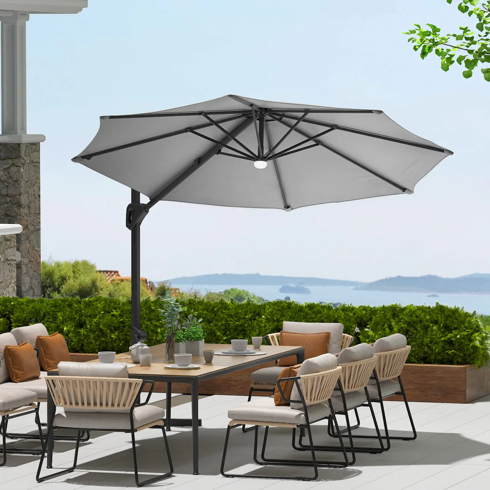 10 ft Round Cantilever Offset Patio Umbrella with Base Included, 360° Rotation Offset Outdoor Umbrella with 100 Tilt Angles, 8 Heavy-Duty Aluminum Ribs, UV Protection Market Umbrella for Garden, Deck, Pool & Backyard ﻿