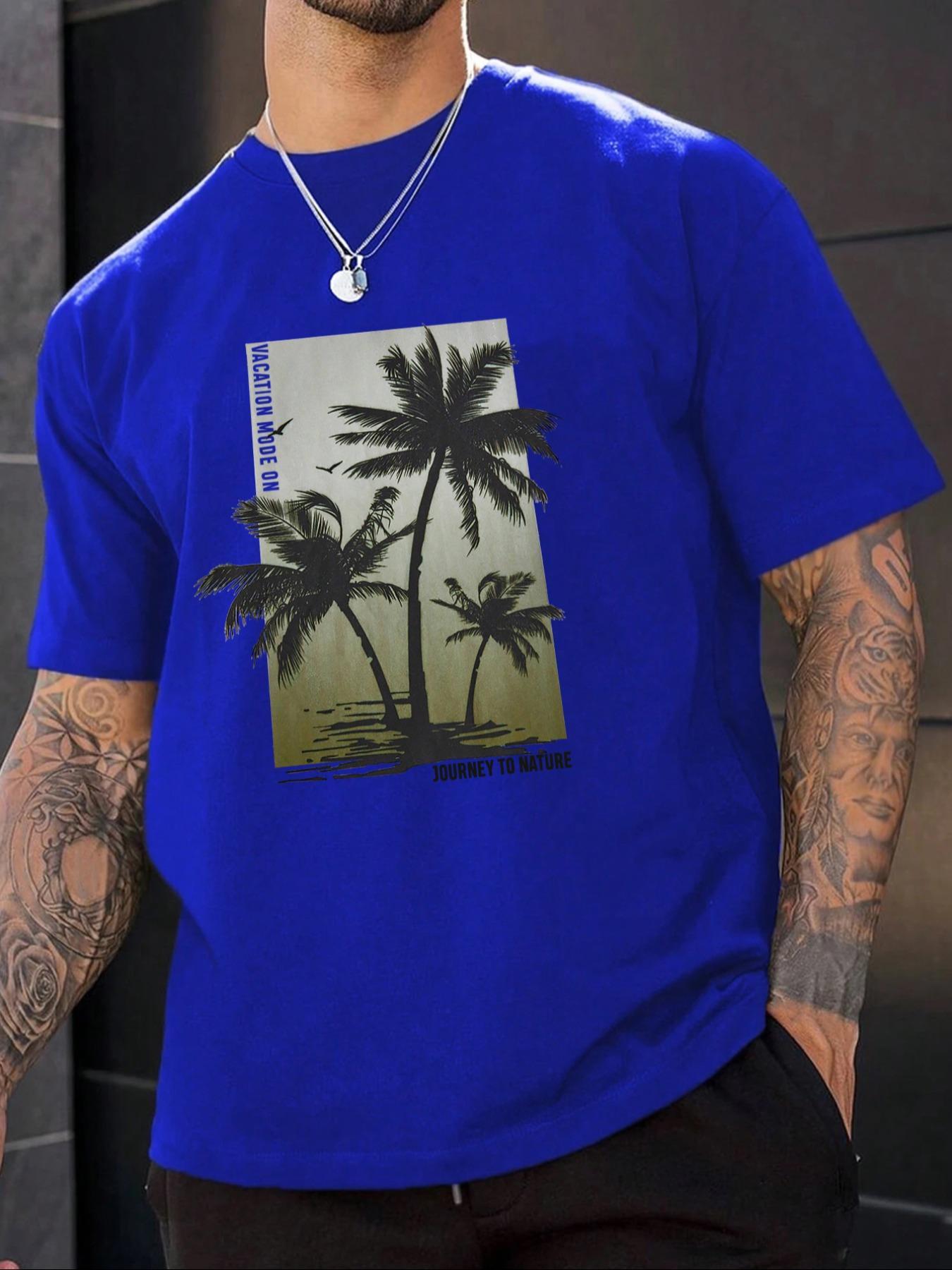 Men's Tropical Coconut Tree & Letter Print Drop Shoulder Sleep Tee, Regular Fit Casual Soft Comfortable Short Sleeve Round Neck PJ T-Shirt for Daily Wear, Sleepwear Loungewear Menswear for Men