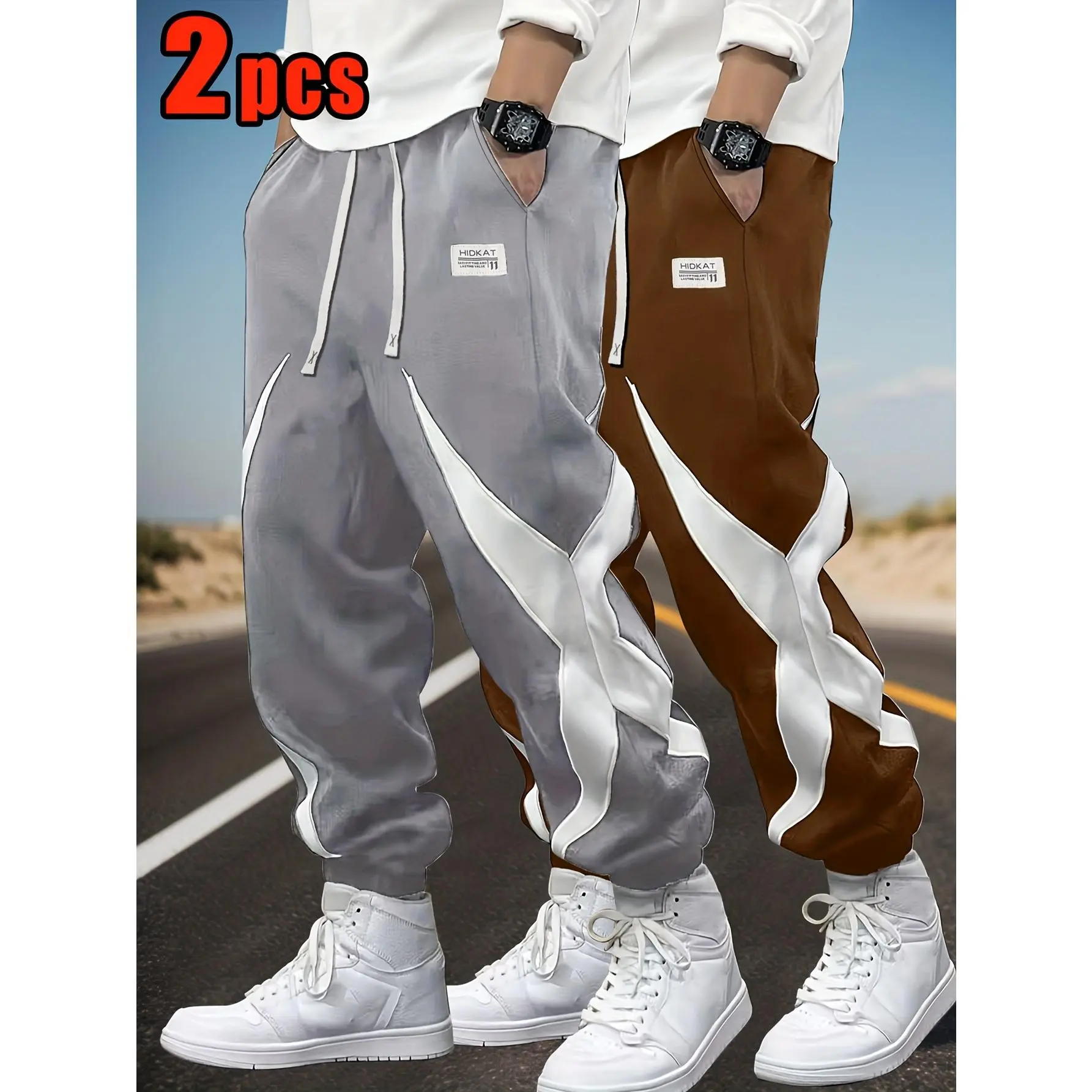 Men 2-Pack Panel Stitch Joggers | Trendy Baggy Streetwear Pants, White Contrast Splicing Detail, Adjustable Drawstring Waist, Elastic Cuffs, Travel, Errands & Everyday Hip-hop Fashion