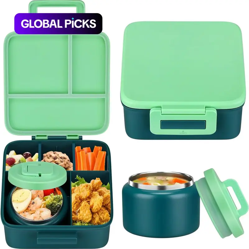 Flat Bento Box with 8oz Soup Bowl, Leak-Proof, Four Compartments, Two Food Dividers, Ideal for Meal Prep and On-The-Go Eating, Reusable Lunch Containers, Leakproof Meal Container Lunch Box #GLOBAL PICKS