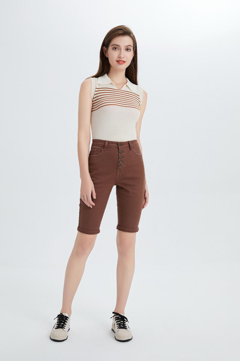 Retro Brown High Waist Denim Shorts, Button Fly Knee Length Bermuda |   Must-Have Y2K Streetwear