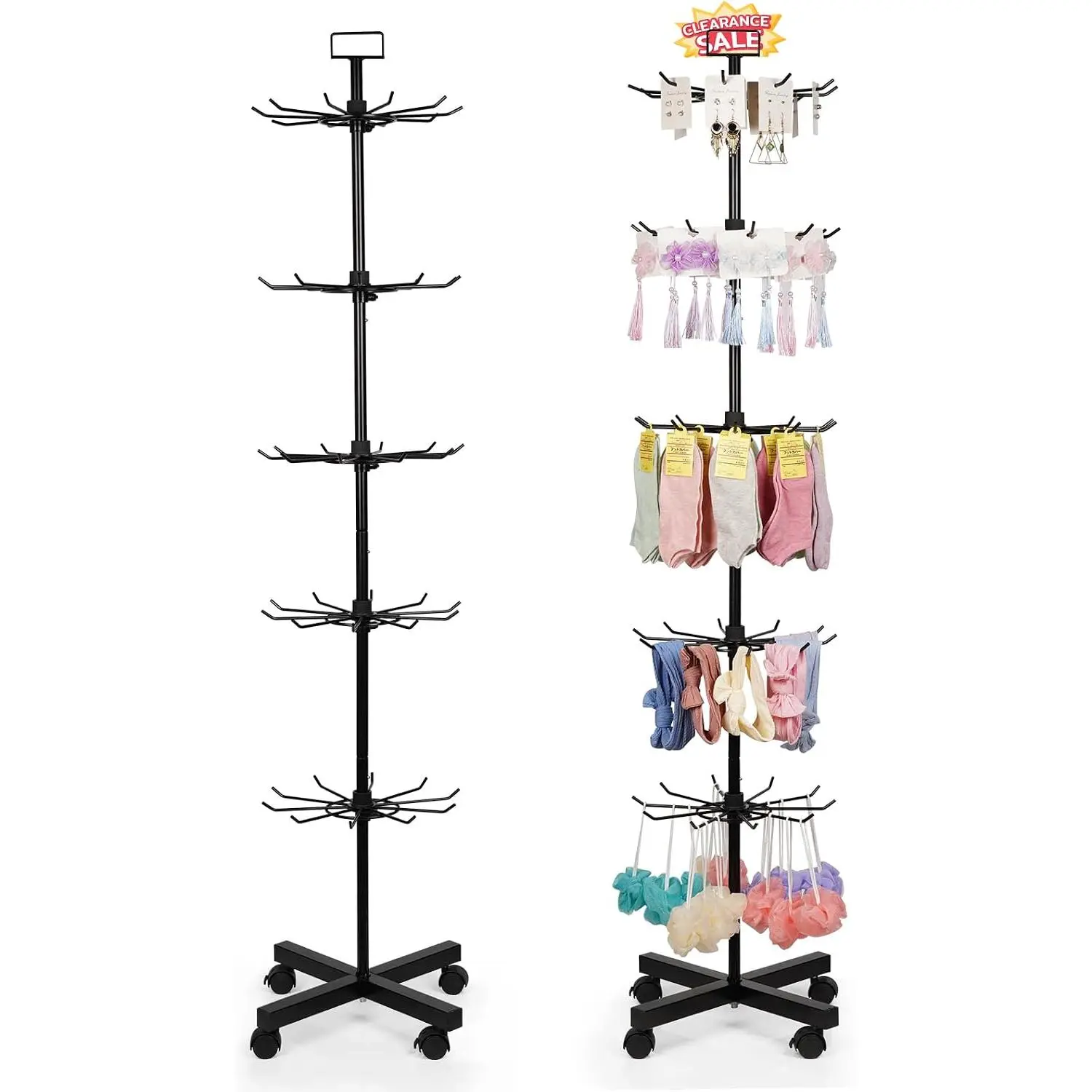 5 Tier Retail Display Stand Store Display Rack, Black | Metal Spinning Display Stand Rack with Wheels   Stocking Hat Display Stand with Hooks for Malls, Retail Store