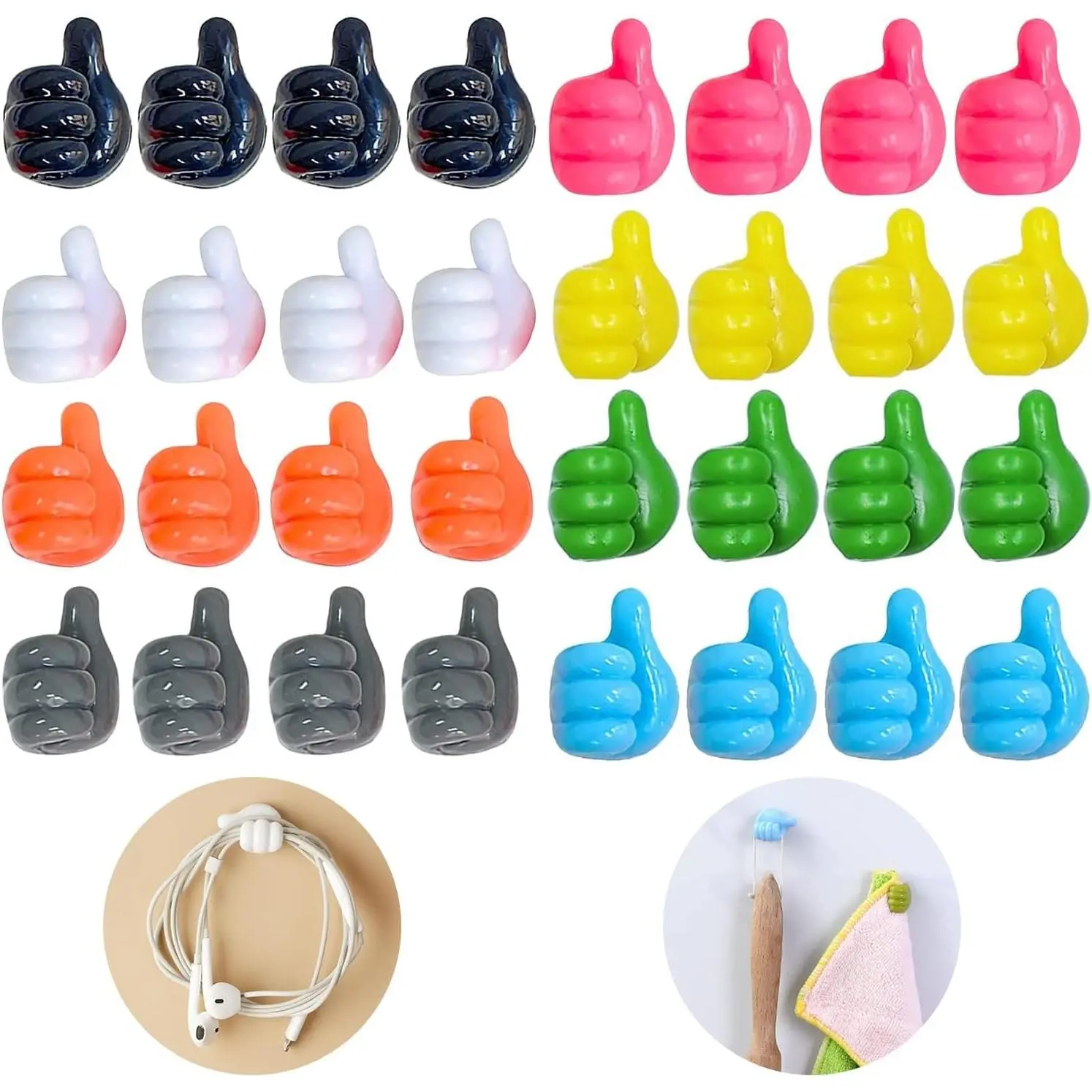 32 Pcs Self Adhesive Thumb Hooks, Waterproof Cable Holder Wire Cord Clip Management, Cute Thumb Cord Holder for Desk, Wall, Key (Multicolor)