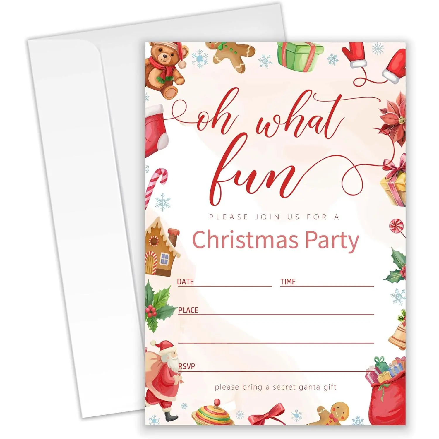 Christmas Party Invitations – 20 Holiday Invitation Cards 4"x6" with Envelopes, Cute Santa Claus, Gingerbread & Teddy  Design,  Christmas Invite Set.(188)