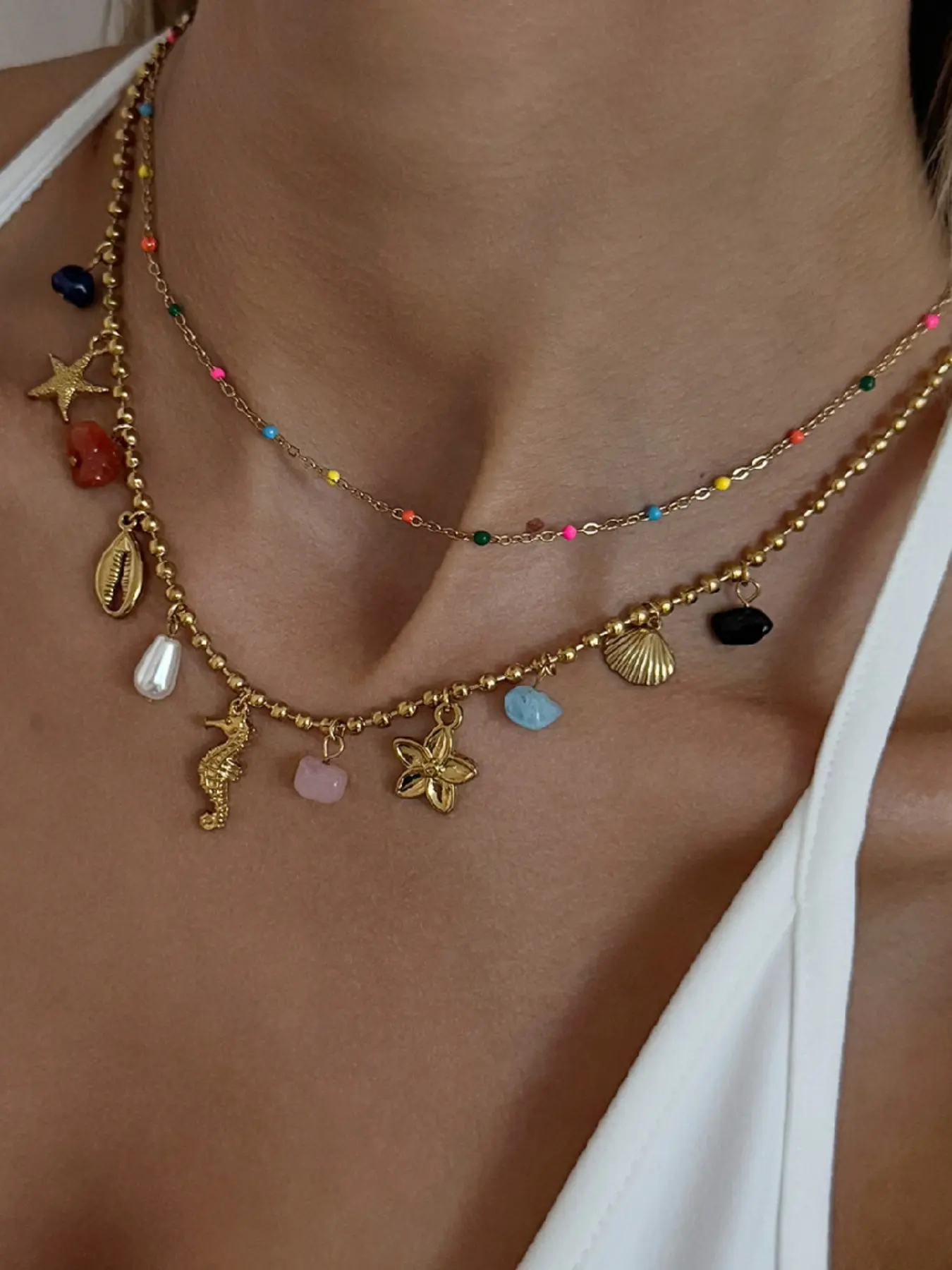 Double Layer Ocean Themed Beaded Shell Seahorse Necklace, French Coastal Vacation Quiet Luxury Style, Thin Colorful Seed Bead Chain & Multi Ocean Charms Natural Stone Stack Choker, Summer Beach Bikini Matching Layered Neck Jewelry For Women