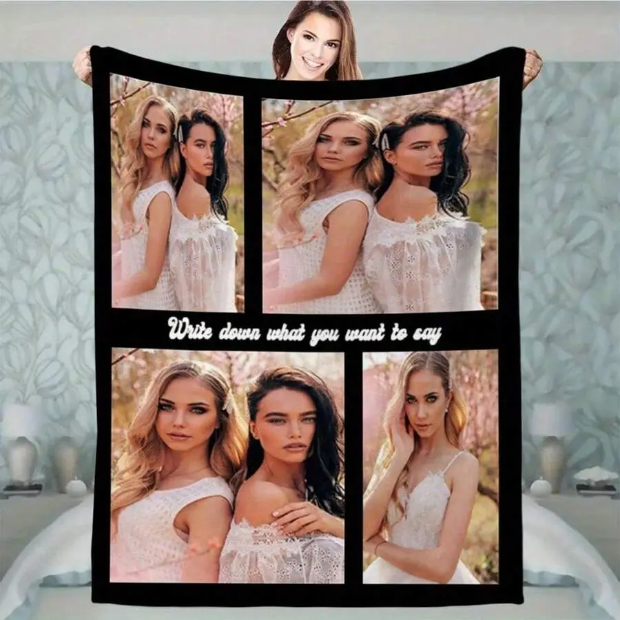 Ultra-Soft 4-Photo Collage Flannel Blanket, Custom Personalized Gift for BFFs, Multi-Size Throw for Couch/Bed, AC Room Essential, Sentimental Gifts